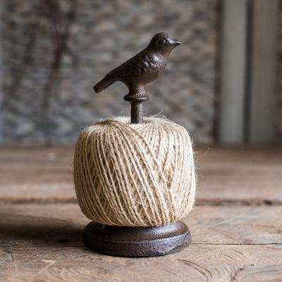 Horticultural Cast Iron Bird Sculpture Jute Twine Ball String Holder, Vintage Inspired Rustic Farmhouse Style, Cast Iron Metal, Brown