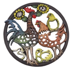 100% Handmade Retro Style Cast Iron Hand Painted Rooster and Chicken Kitchen Trivet Dinning Table Pad Creative Decor Cast Iron Trivet