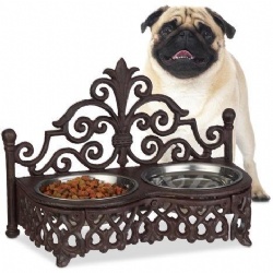 Black Wrought Iron Pet Food Water Dish Set Bowls Stand Double Feeder Dog Cat