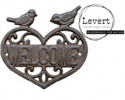 Cast Iron Heart Shape with Two Standing Birds Wall Mounted Welcome Sign