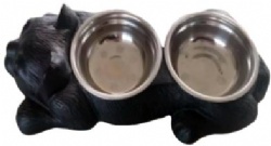 Sleeping Kitten Raised Cat Dishes Black Cast Iron 2 Stainless Steel Bowls Food Water Dish Gift